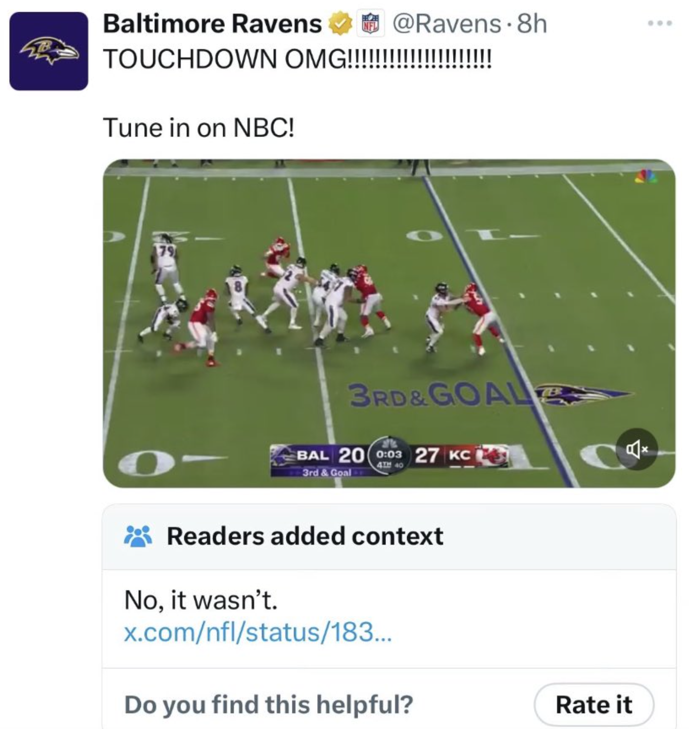 player - Baltimore Ravens 8h Touchdown Omg!!!!!!!!!!!!!!!!!!!!!! Tune in on Nbc! 3RD&Goal Bal 2027 Kc Readers added context No, it wasn't. x.comnflstatus183... Do you find this helpful? Rate it